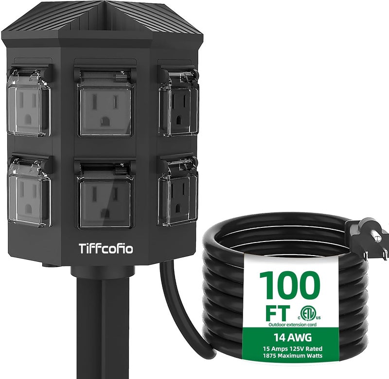 Tiffcofio Outdoor Power Strip Weatherproof, 100 FT Extension Cord with Power Stake, 6 Grounded Outlets for Outdoor Lights, 15A/1875W, ETL Listed - Image 1